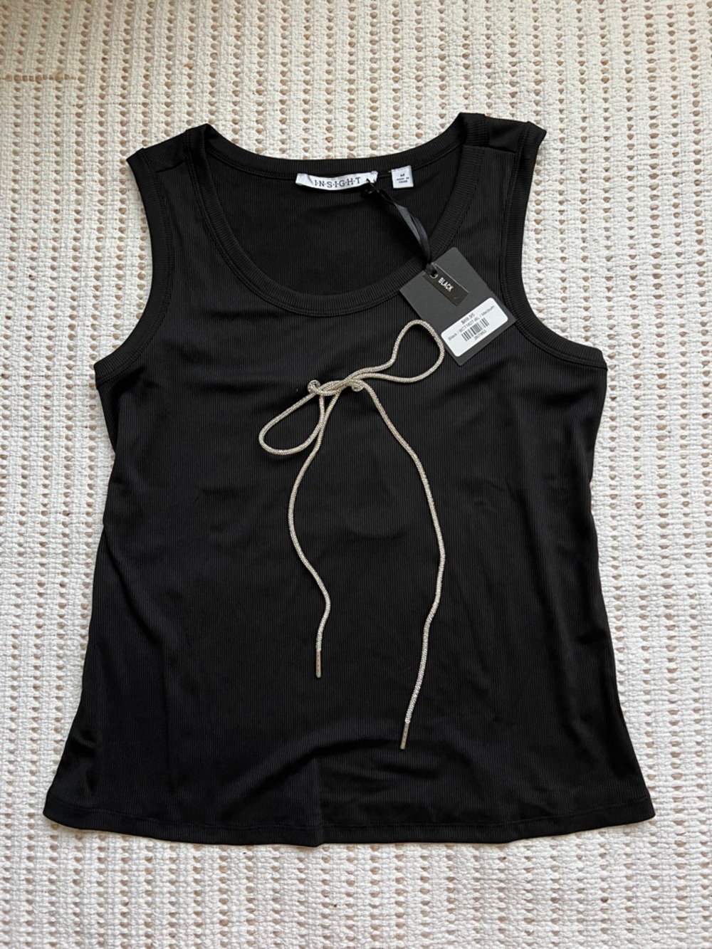 Insight Black Ribbed Tank Top with Scoop Neck and Rhinstone Tie Size M - NWT
